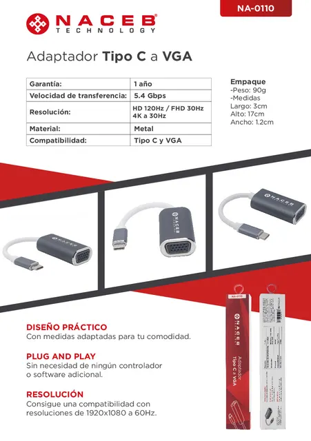 Adaptador Tipo C a VGA Naceb Technology NA-0110 — vista 4