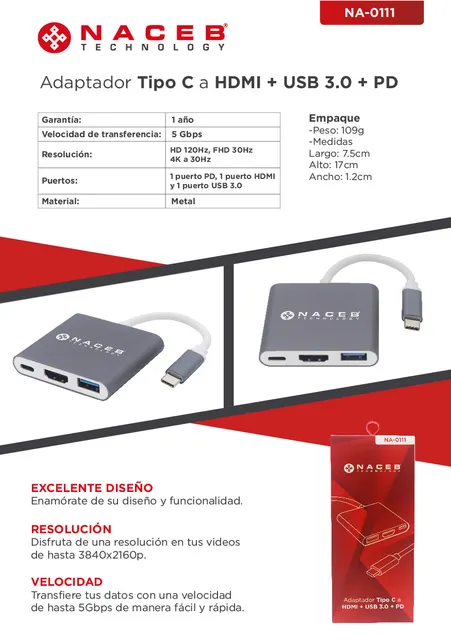 Adaptador Tipo C a HDMI + USB 3.0 + PD Naceb Technology NA-0111 — vista 3