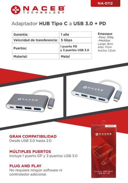 Adaptador Tipo C a USB 3.0 + PD Naceb Technology NA-0112 — vista 4