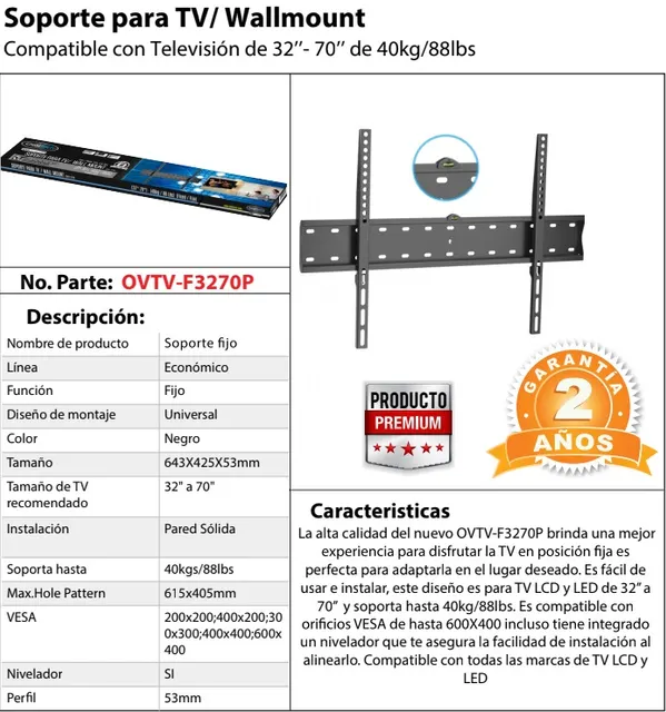Soporte de Pared FIJO para TV OVALTECH OVTV-F3270P — vista 5